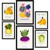 POSTER Set Mit 6 Lebensmittel Und Ernährungs Früchte Und Gemüse Natur Und Botanikdrucke Für Innenarchitektur A3 & A4 Schwarzer Rahmen - Schwarz, Papier (29/3cm) - Nacnic