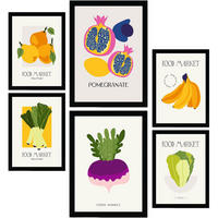 POSTER Set Mit 6 Lebensmittel Und Ernährungs Früchte Und Gemüse Natur Und Botanikdrucke Für Innenarchitektur A3 & A4 Schwarzer Rahmen - Schwarz, Papier (29/3cm) - Nacnic
