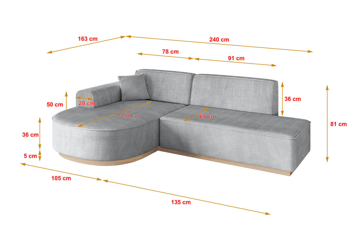 ECKSOFA Ottomane Links ARRIO-L1 - 243x171x83 cm Grau - Grau, Holzwerkstoff/Textil (243/171cm) - ALTDECOR