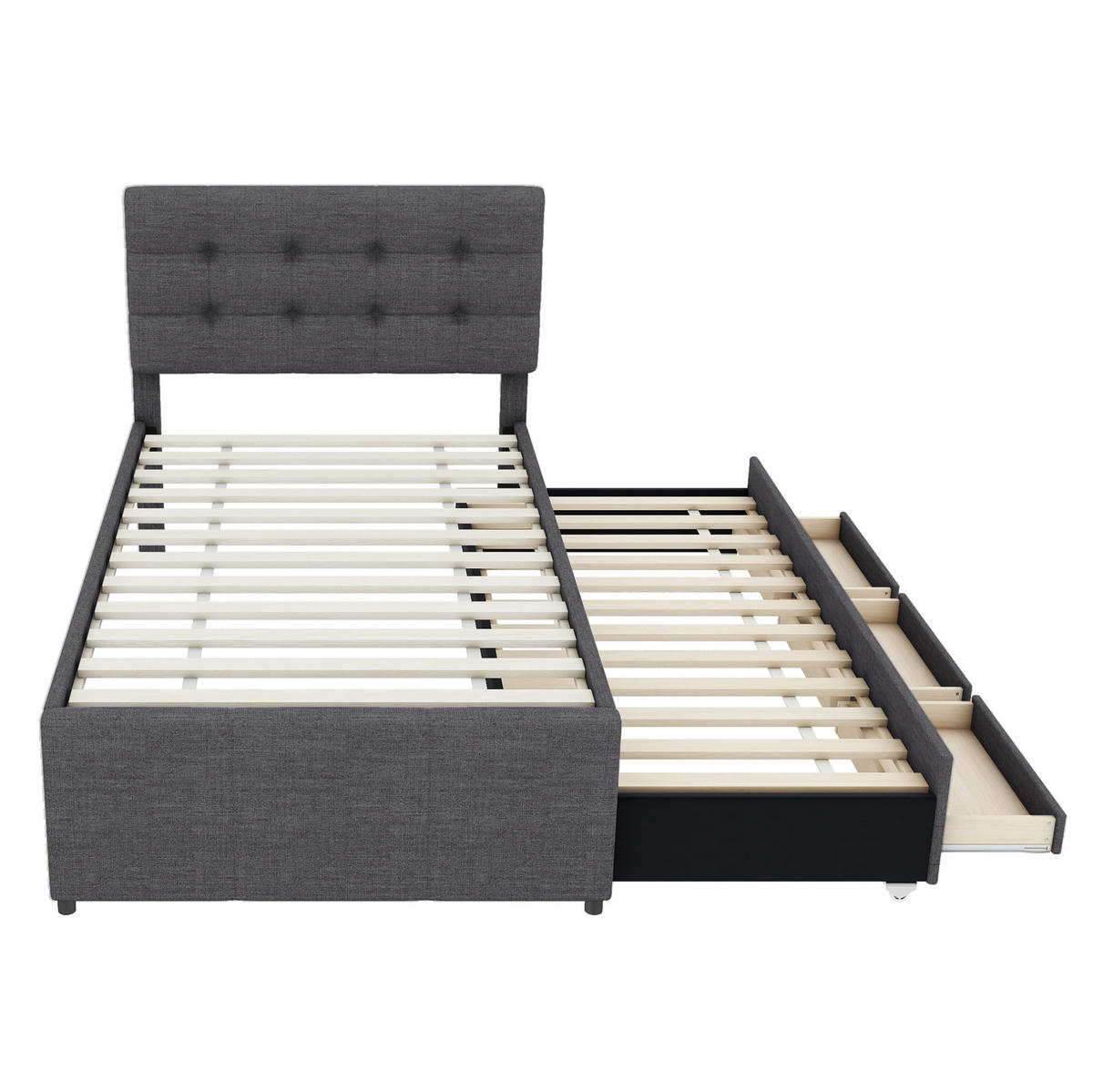 POLSTERBETT 90/200 cm grau mit ausziehbarem Rollbett und höhenverstellbarem Kopfteil Ohne Matratze - Grau, Textil (90/200cm) - OKWISH