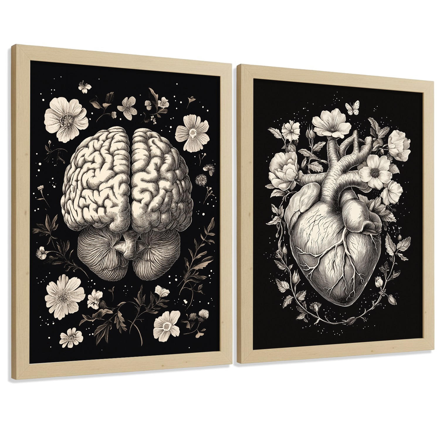 POSTER Set aus 2 Anatomie Mensch Drucke und Wandbilder mit Gehirn und Herz Monochromes Florales Design Schwarzer Hintergrund Größe Rahmenlos A4 - Klar, Papier (21/29.7/3cm) - Nacnic