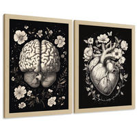 POSTER Set aus 2 Anatomie Mensch Drucke und Wandbilder mit Gehirn und Herz Monochromes Florales Design Schwarzer Hintergrund Größe Rahmenlos A4 - Klar, Papier (21/29.7/3cm) - Nacnic