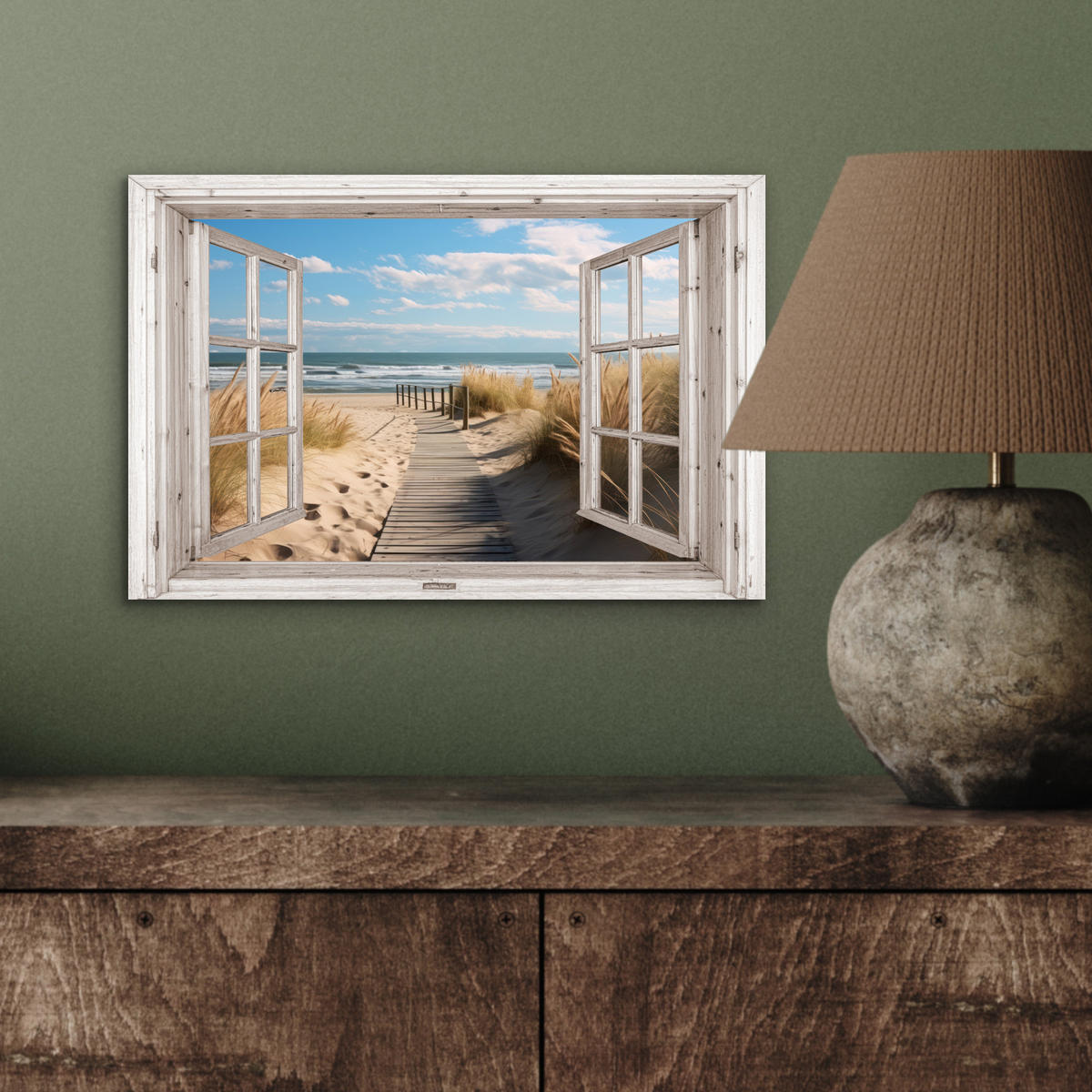 KOVOVÝ OBRAZ Okno - more - pobrežie - príroda - výhľad - pláž - Waddenské more 30x20 cm - béžová, kov (30/20cm) - MuchoWow