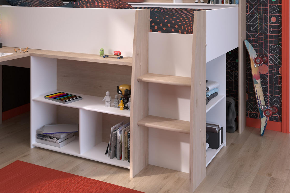 JUGENDZIMMER Lucas 11 in Japanischer Eiche und Weiß 3 teilig mit Hochbett - Braun, Holzwerkstoff (120/200/80cm)
