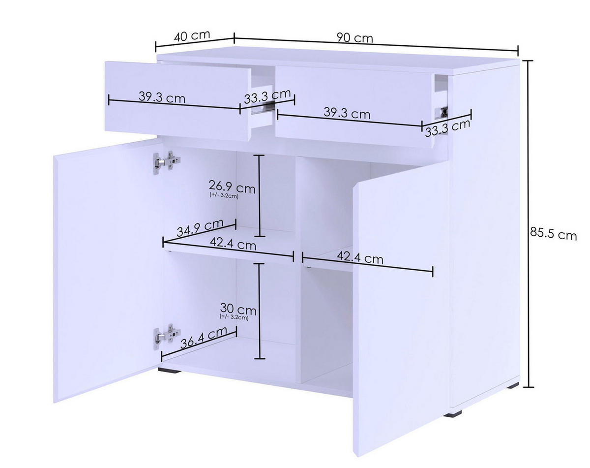 KOMMODE Rimini weiß 90 / 40 / 86cm - Weiß, Holz/Holzwerkstoff (90/86/40cm) - Feldmann-Wohnen