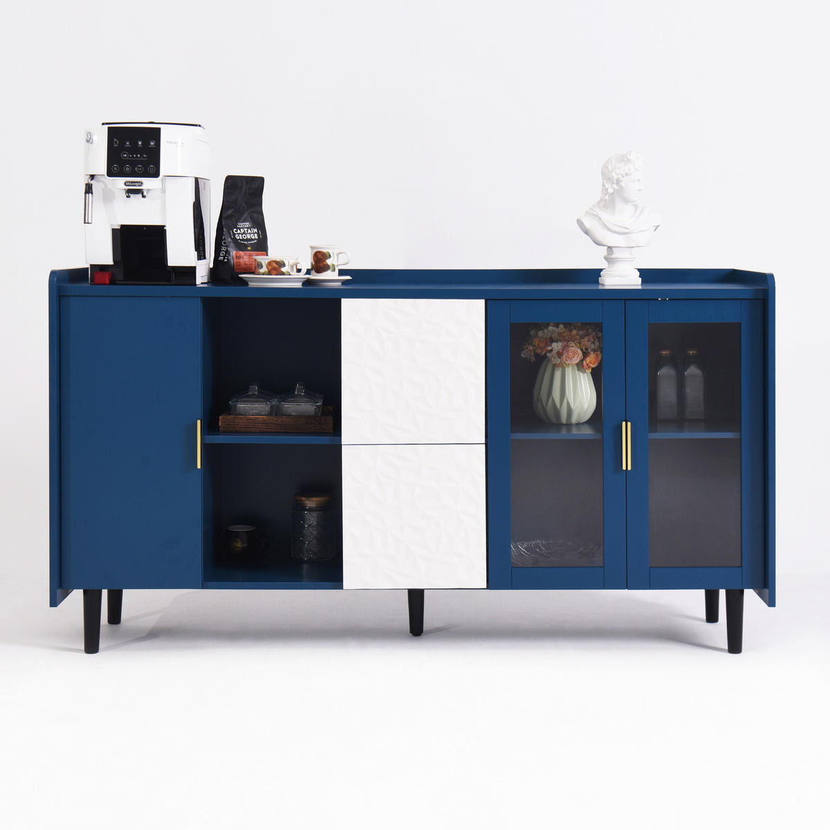 SIDEBOARD 150/40/80 cm blau aus MDF mit Glastüren, Schubladen und offenen Fächern - Blau, Holzwerkstoff (150/80/40cm) - OKWISH