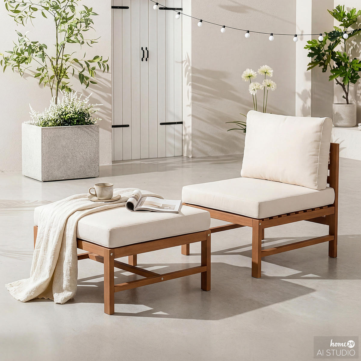 LOUNGESET - 2-teilig - Akazie massiv / Polyester - Braun / Beige - Beige/Braun, Holz/Textil - home24
