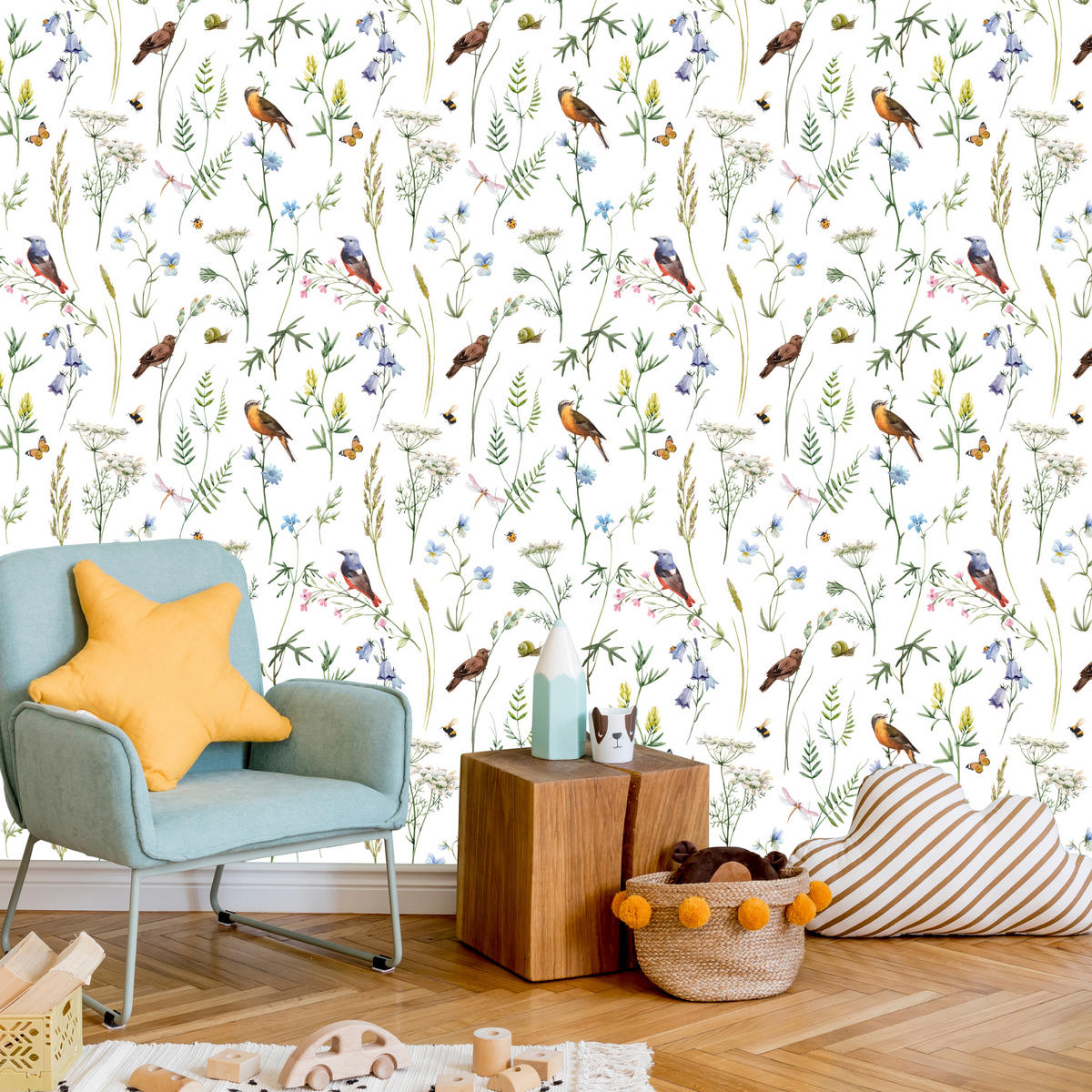 VLIESTAPETE Vögel und Blütenzweige – Grün, Bunt, Weiß – 50x1000 cm - Multicolor/Weiß, Papier (50/1000cm) - Muralo