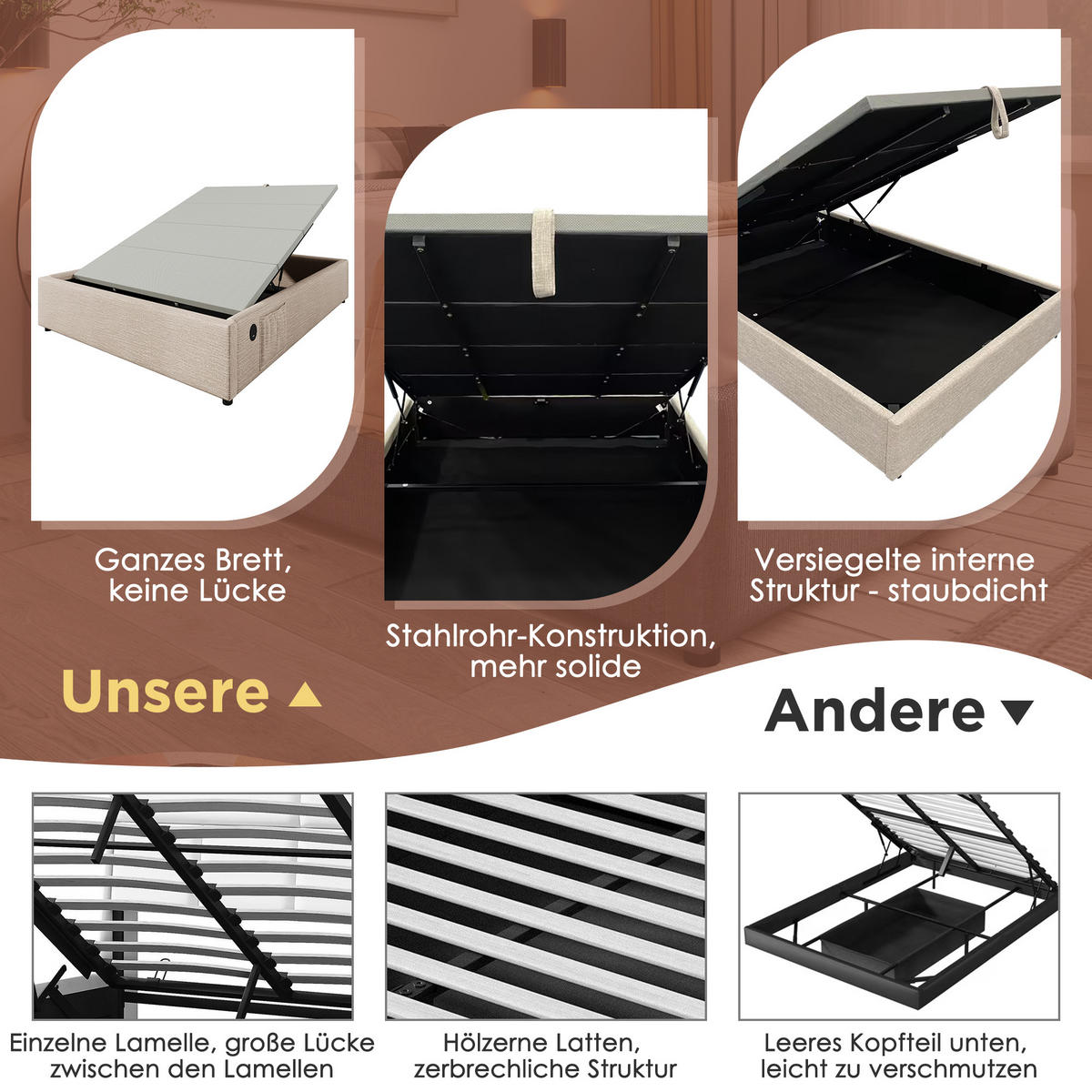 POLSTERBETT 140/200 cm aus Leinen mit USB-C, hydraulischem Bettkasten und Vollholz-Bettboden, Natur - Beige, Textil (140/200cm) - Redom