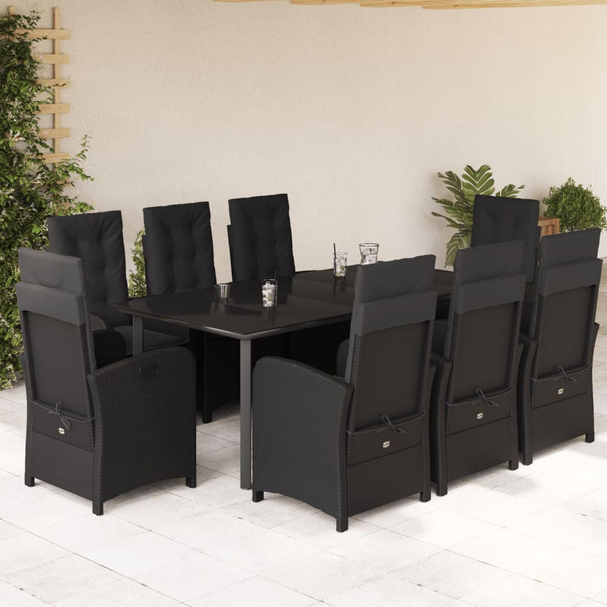 GARTEN-ESSGRUPPE 9-teilig Mit Kissen Schwarz Poly Rattan - Schwarz, Kunststoff - vidaXL