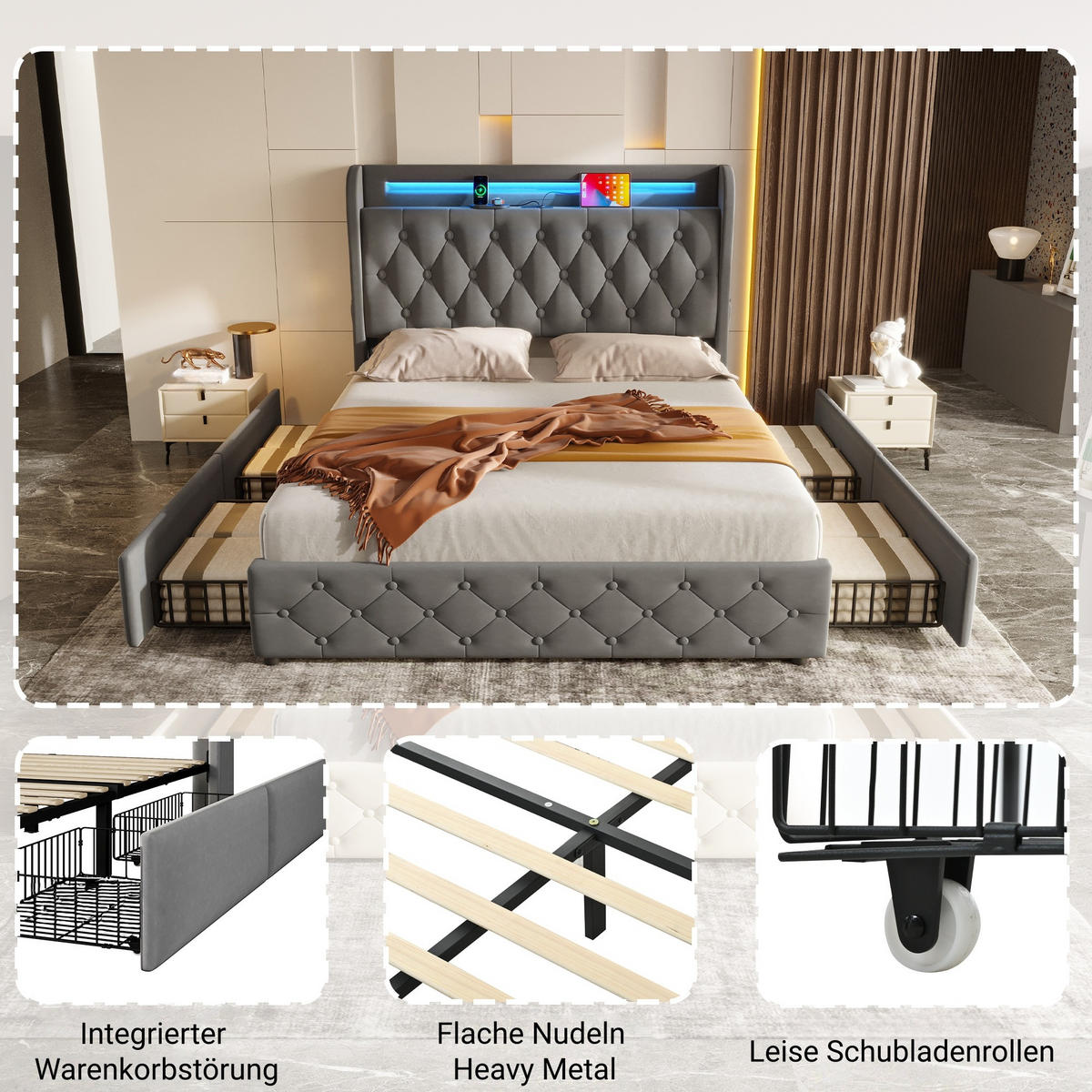 POLSTERBETT 140/190 cm Grau aus Samt mit LED-Beleuchtung und USB- und Type-C-Anschlüssen mit 4 Schubladen - Grau, Textil (140/190cm) - OKWISH