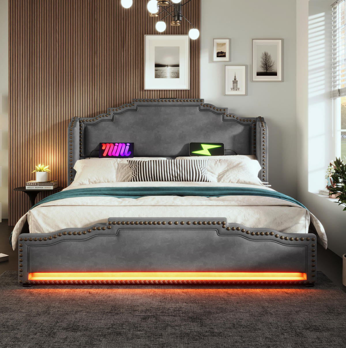POLSTERBETT 140/200 cm in Grau mit 4 Schubladen, LED-Beleuchtung und USB-Anschlüssen - Grau, Textil (140/200cm) - Flora Grace