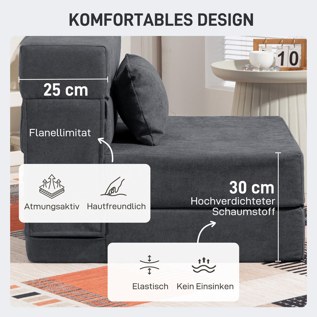 SCHLAFSESSEL 3 in 1 mit Bettfunktion 210L x 80B x 15H cm Dunkelgrau - Dunkelgrau, Kunststoff (80/15/210cm) - HOMCOM