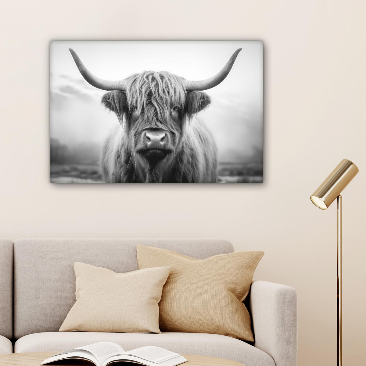 LEINWANDBILD - Schottischer Highlander - Nebel - Schwarz - Weiß - 60x40 - Wanddeko Schlafzimmer - Grau, Textil (60/40cm) - MuchoWow