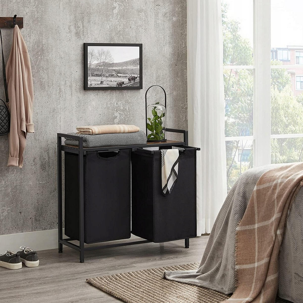 WÄSCHEKORB – 2 Fächer - Schwarz/Braun, Holz/Textil (73/72/33cm) - VASAGLE