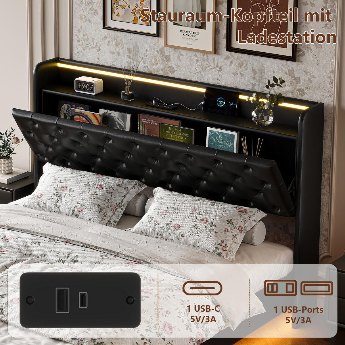 POLSTERBETT140X200 PU gepolsterter Kopfstauraum - Schwarz, Metall (140/200cm) - SHOPENTRA
