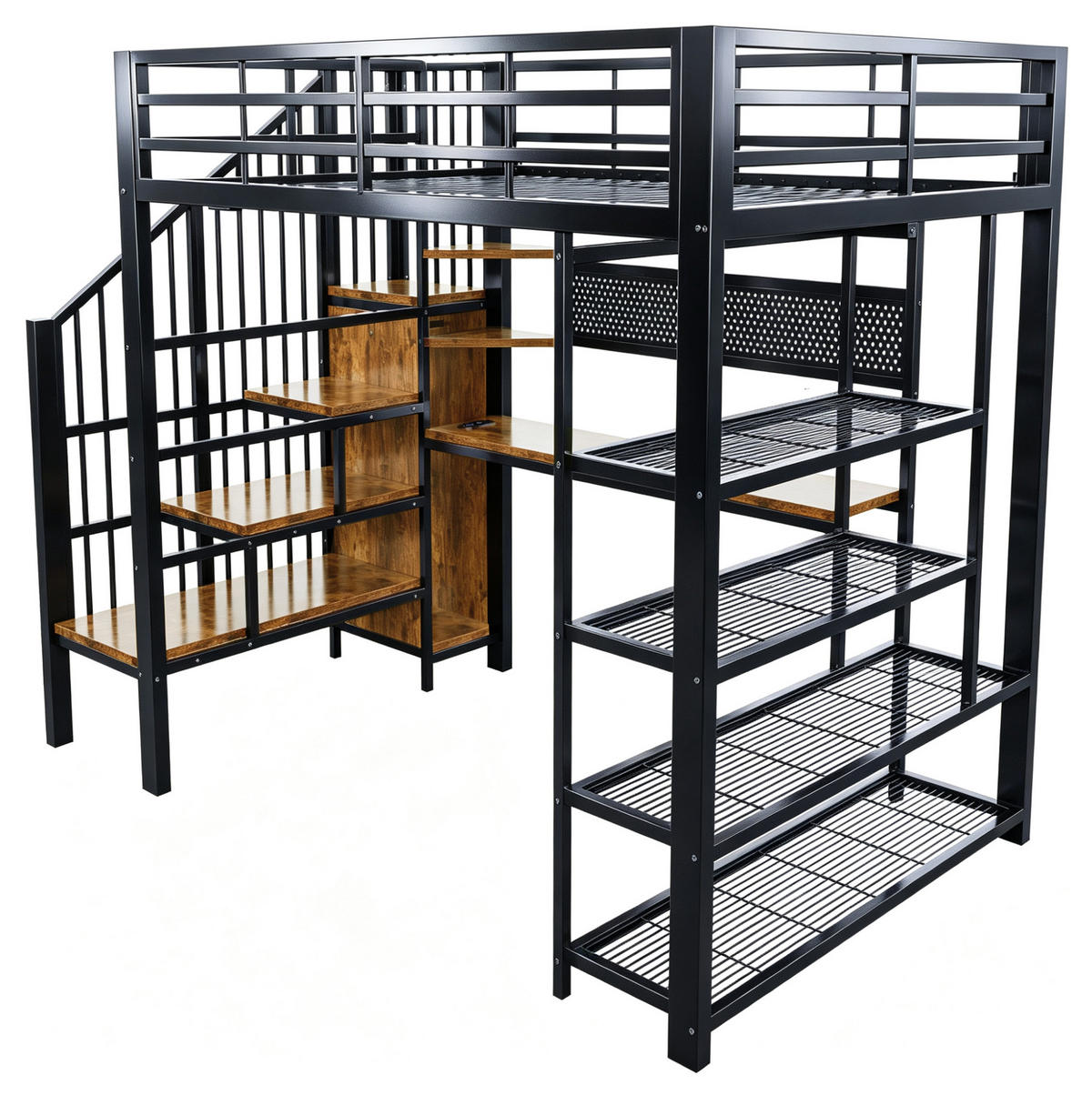 HOCHBETT 140/200 cm aus Metall und Holzwerkstoffen mit Treppe, Schreibtisch, Regal und LED Schwarz - Schwarz, Metall (140/200cm) - Modenvie