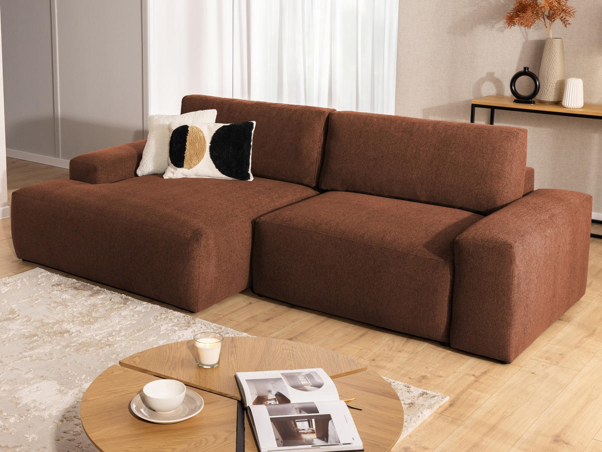 ECKSOFA Lennon aus Braun Strukturstoff mit Schlaffunktion und Bettkasten - Schwarz/Braun, Holz/Kunststoff (137/264cm) - S-Style