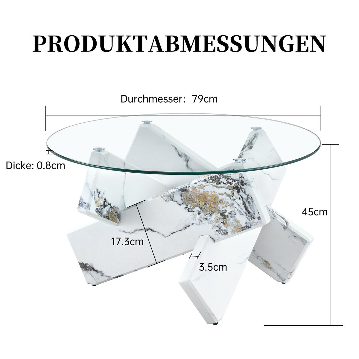 COUCHTISCH 79 cm mit Glasoberfläche und MDF-Stützbeinen in Weiß-Marmor-Design - Klar, Holzwerkstoff (79/79/45cm) - OKWISH