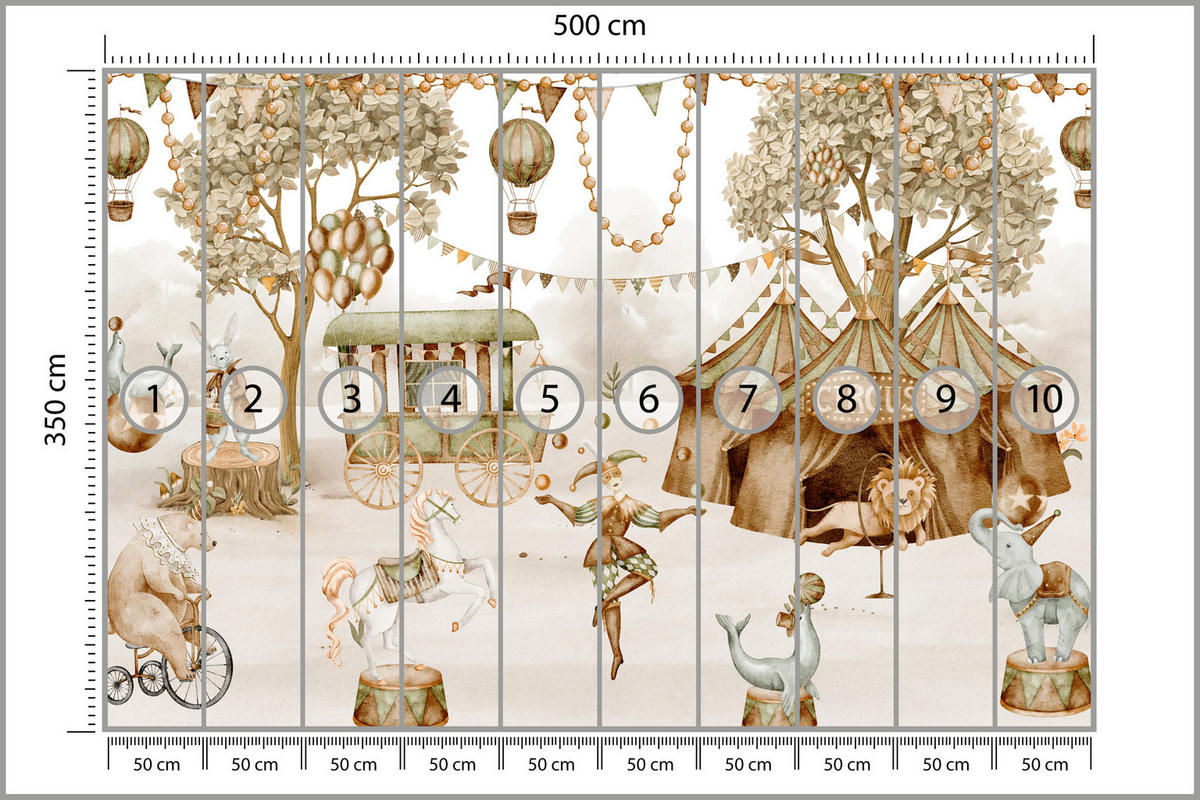 FOTOTAPETE für Kinderzimmer Zirkus Zelt Tiere Ballons Aquarell Bäume 500x350 - Ecru/Beige, Papier (500/350cm) - Muralo