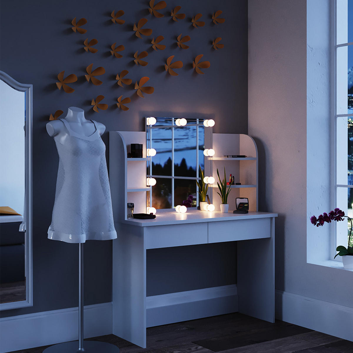SCHMINKTISCH Charlotte Weiß 108 cm mit LED Beleuchtung - Weiß, Holzwerkstoff (108/139/40cm) - Vicco