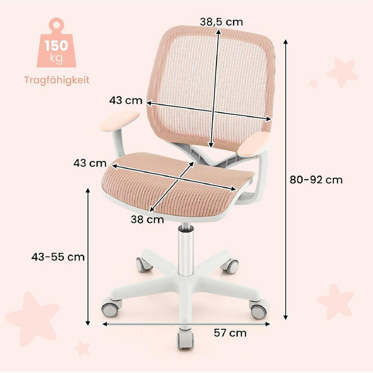 KINDER‑BÜROSTUHL höhenverstellbar rosa - Pink, Kunststoff (57/80/57cm) - COSTWAY