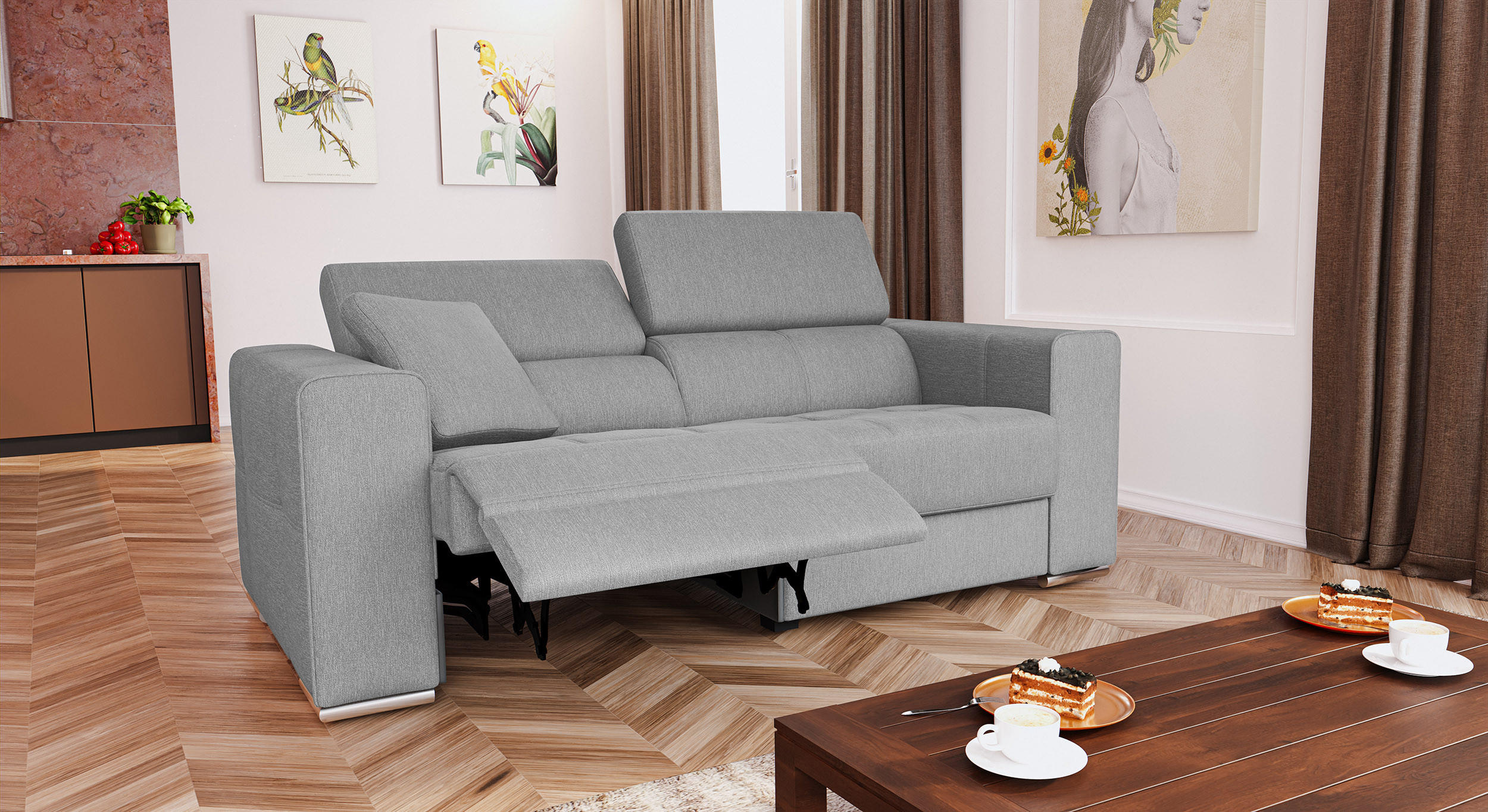 SOFA QUARTZ 3-Sitzer mit 1 Relaxfunktion, hellgrau - Silberfarben/Hellgrau, Holzwerkstoff/Textil (204/80/102cm) - Courtois Laville