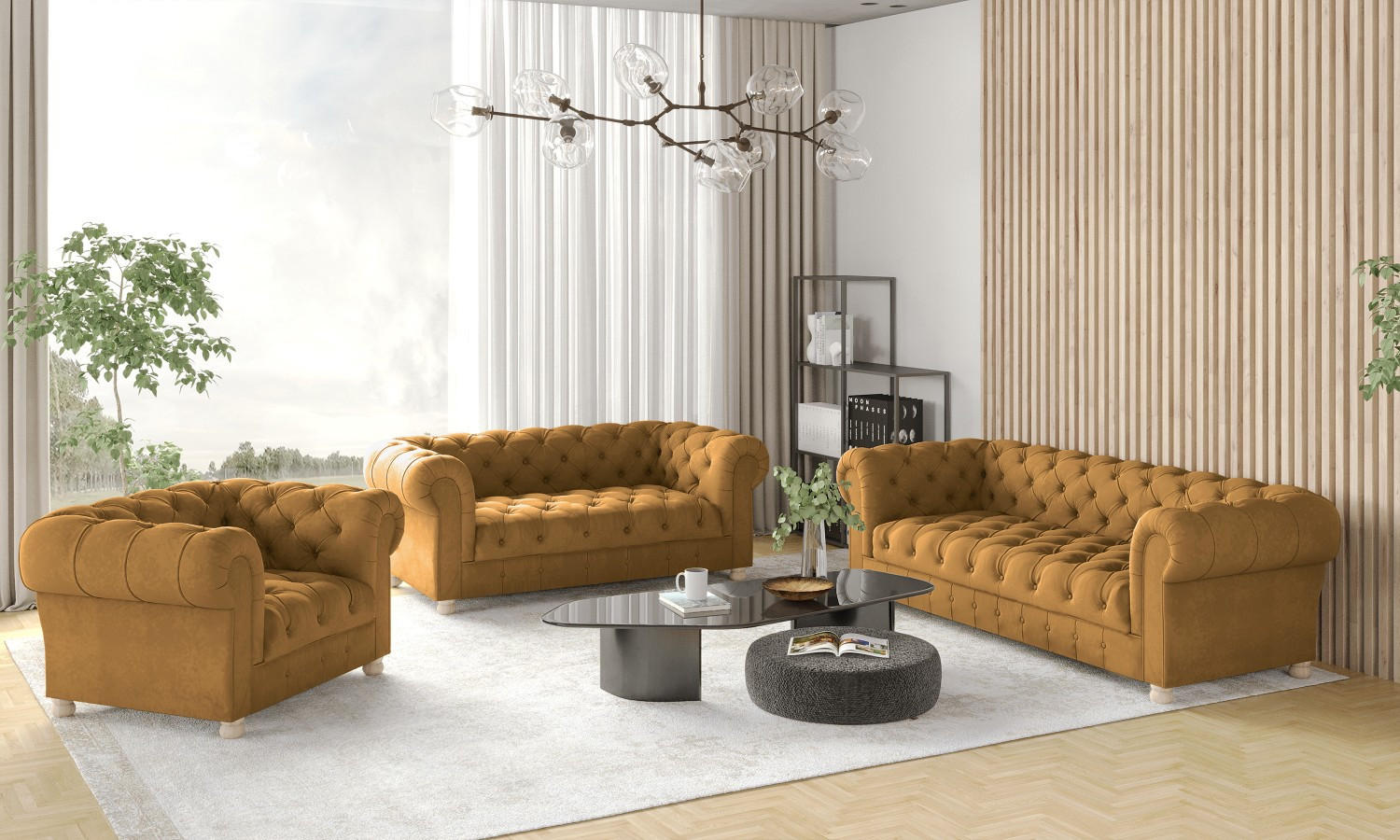 SITZGARNITUR 3+2+1 CHESTERFIELD Elegant Klassisch Schick Stoff Whisper Velours Stoff Kupfer - Kupferfarben, Holz/Textil (202/77/90cm) - Kaiser Möbel
