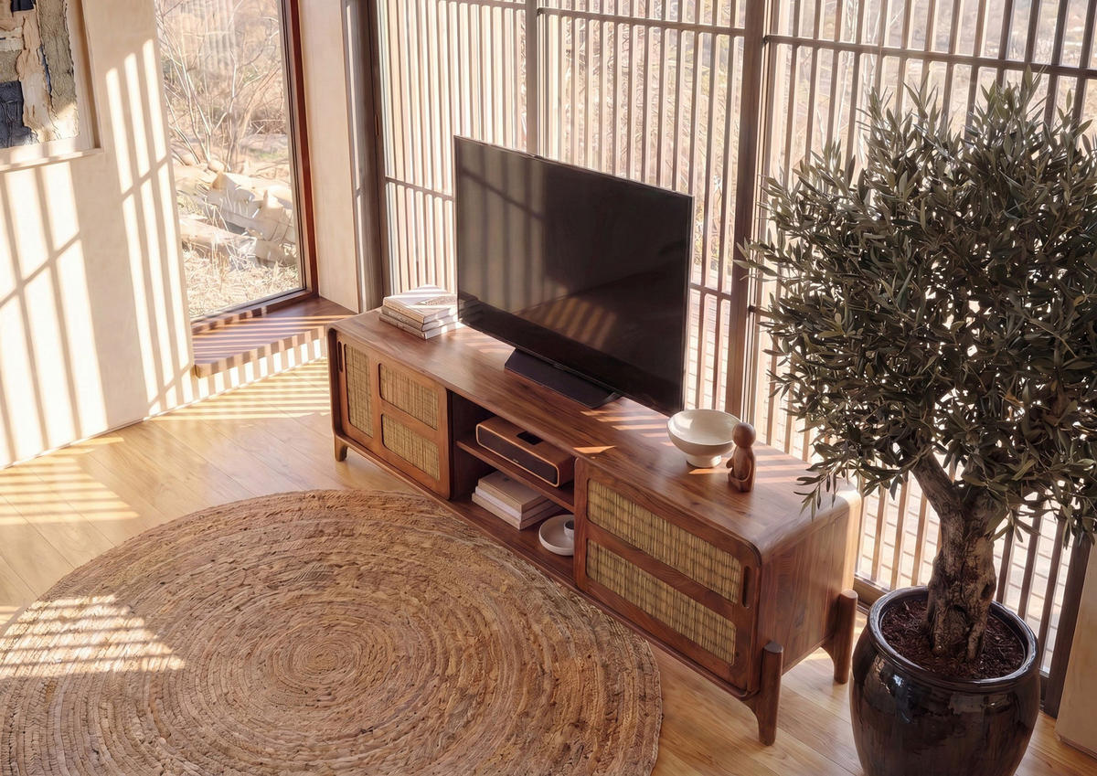 TV-BOARD Mango/Seegras 180x40x50 hellbraun lackiert MIZUMI #106 - Braun, Holz (180/50/40cm) - Massivmoebel24
