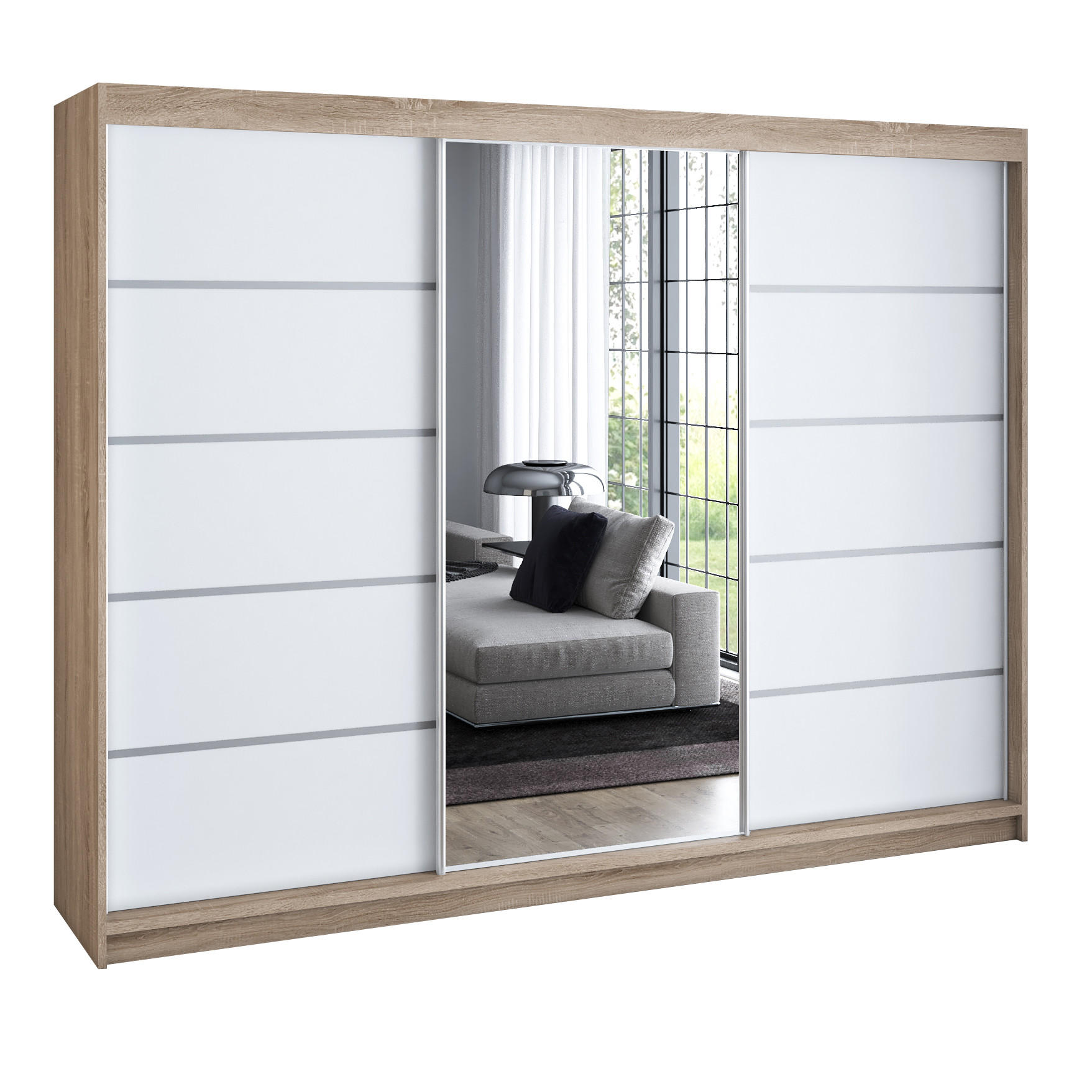 A&J MöbelLand Schwebetürenschrank Sonoma Eiche, Weiß 200x215x59.5 cm