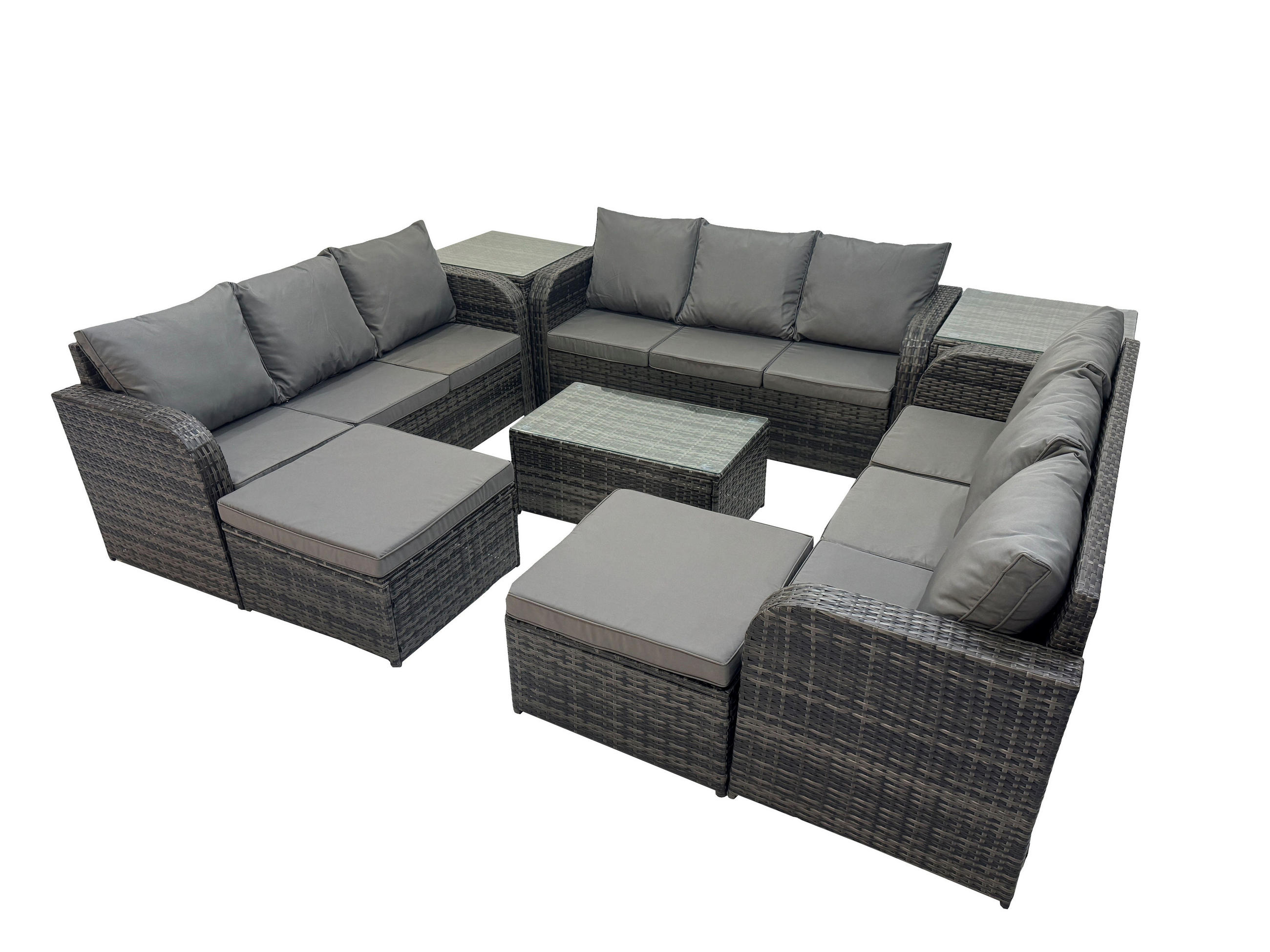 GARTENMÖBELGARNITUR mit KISSEN Polyrattan Dunkelgrau 11-Sitzer - Dunkelgrau/Grau, Glas/Kunststoff - Fimous