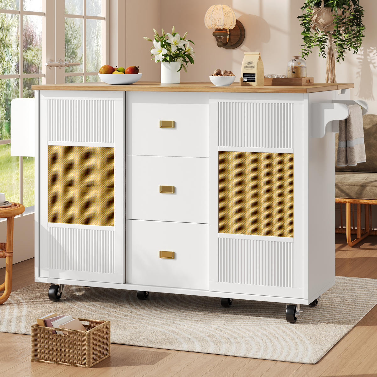 KÜCHENINSEL mit Rollen 146,85/70/90 cm Weiß mit Klapptisch, 3 Schublade und Rattan-Schiebetüren - Weiß, Holz/Holzwerkstoff (146.85/90/70cm) - Oxeza