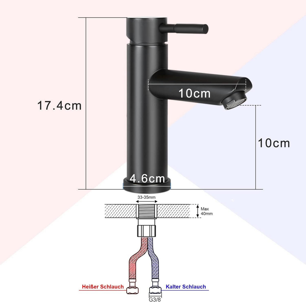 WASCHTISCHARMATUR Everett 17.4/10/17.4 cm - Schwarz, Metall (10/17.4/17.4cm) - Nettlife