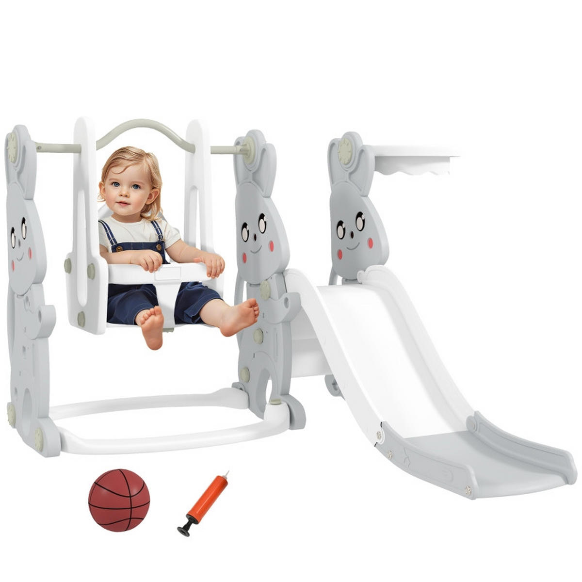 KINDERRUTSCHE 4-in-1 mit Schaukel und Basketballkorb für 1,5–4 Jahre Grau - Grau, Kunststoff (147.5/107/160cm) - Korfee