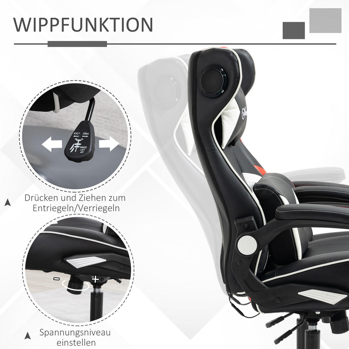 GAMING Stuhl, Kunstleder, Weiß+Schwarz - Schwarz/Weiß, Leder (73/118/69cm) - Vinsetto