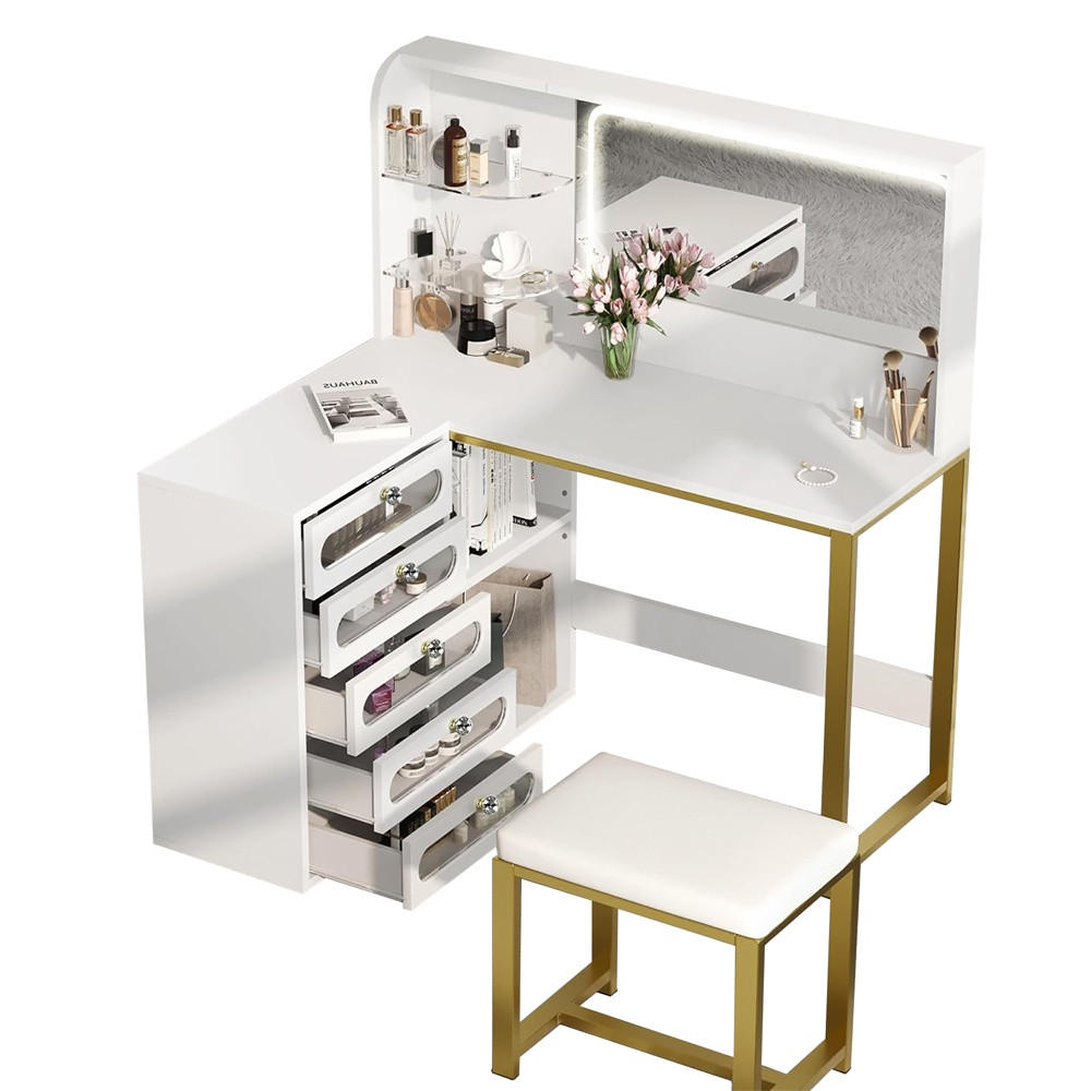 SCHMINKTISCH - Frisiertisch in L-Form mit LED-Beleuchtung - 5 Schubladen und Hocker - Weiß und Gold - Weiß, Holzwerkstoff (80/135/120cm) - DELFA