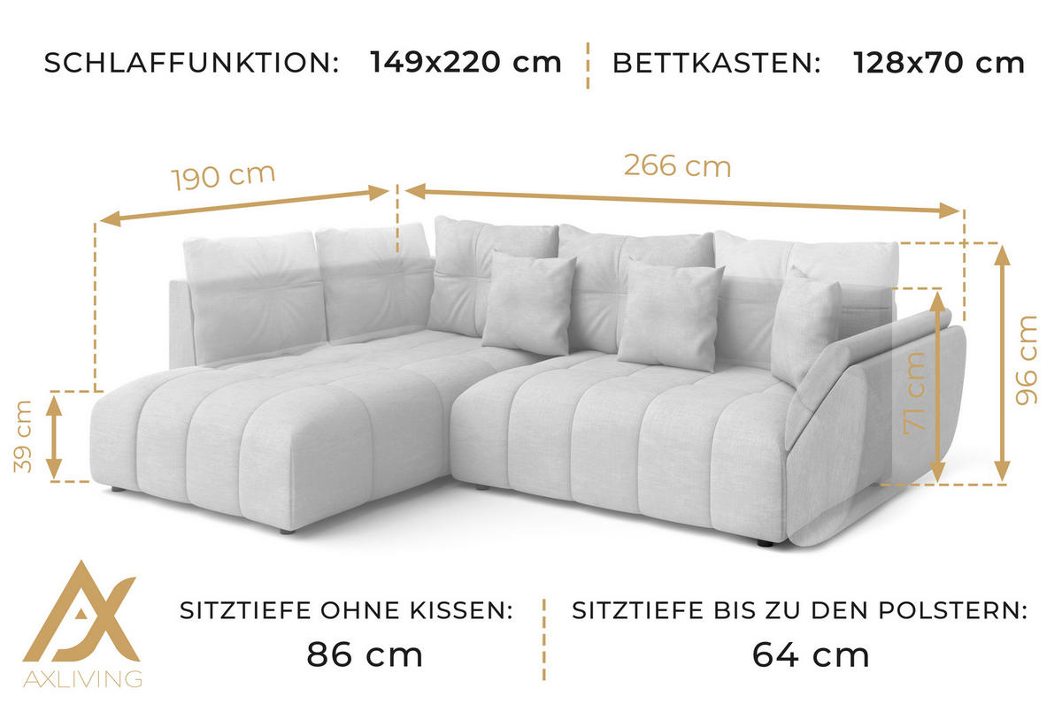 ECKSOFA L Form Kayseri Anthrazit 266/190/86 cm – mit Bettkasten - Schwarz, Kunststoff/Textil (266/190cm) - AX Living