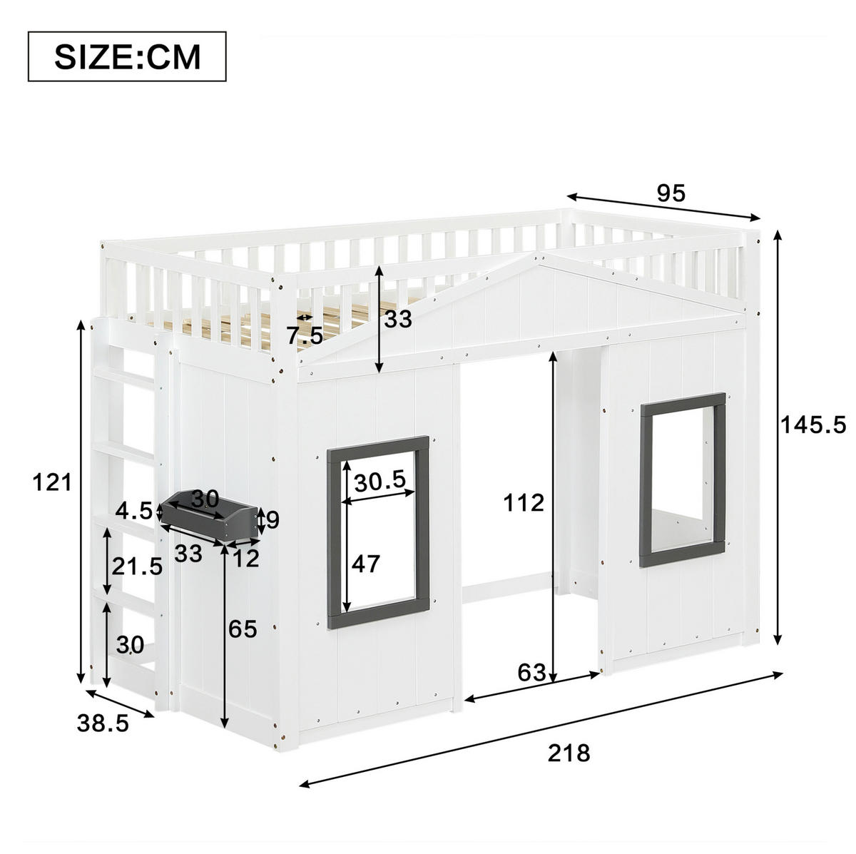 VÝŠKOVÁ posteľ 90/200 cm biela a sivá z borovice a MDF s oknami a schodíkmi s ochranou proti pádu - biela, kompozitné drevo (90/200cm) - OKWISH