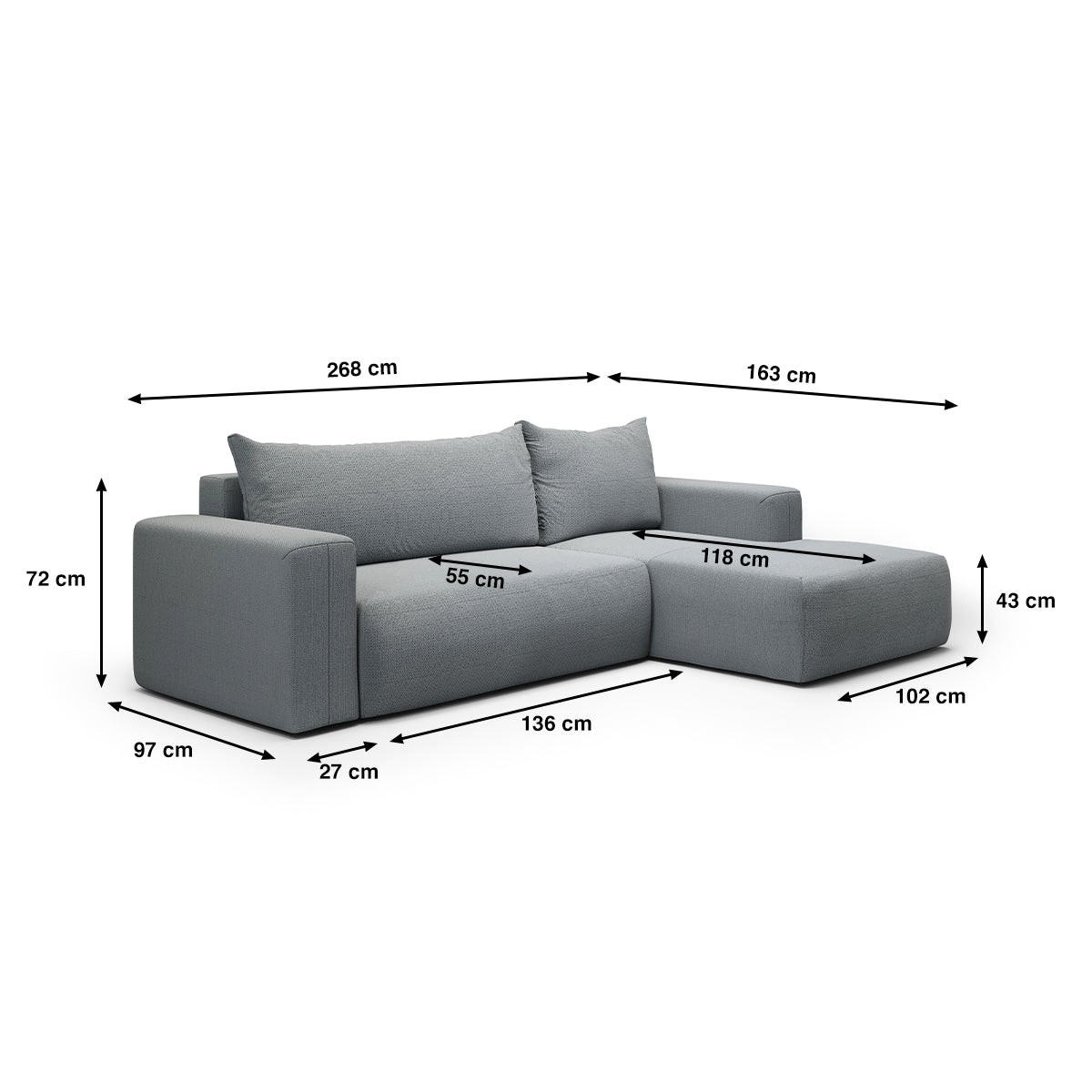 ECKSOFA Bliss 3 Sitzplätze Grau - Grau, Holz (268/163cm) - Petits-meubles