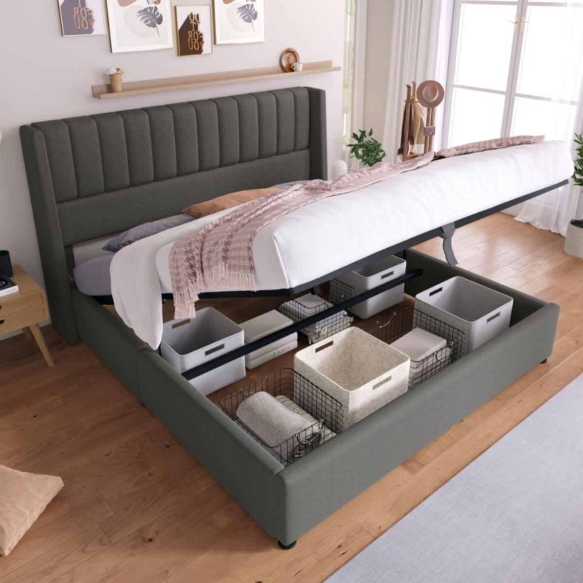 POLSTERBETT 160/200 cm in Grau Leinen - Grau, Holz/Textil (160/200cm) - KOMHTOM