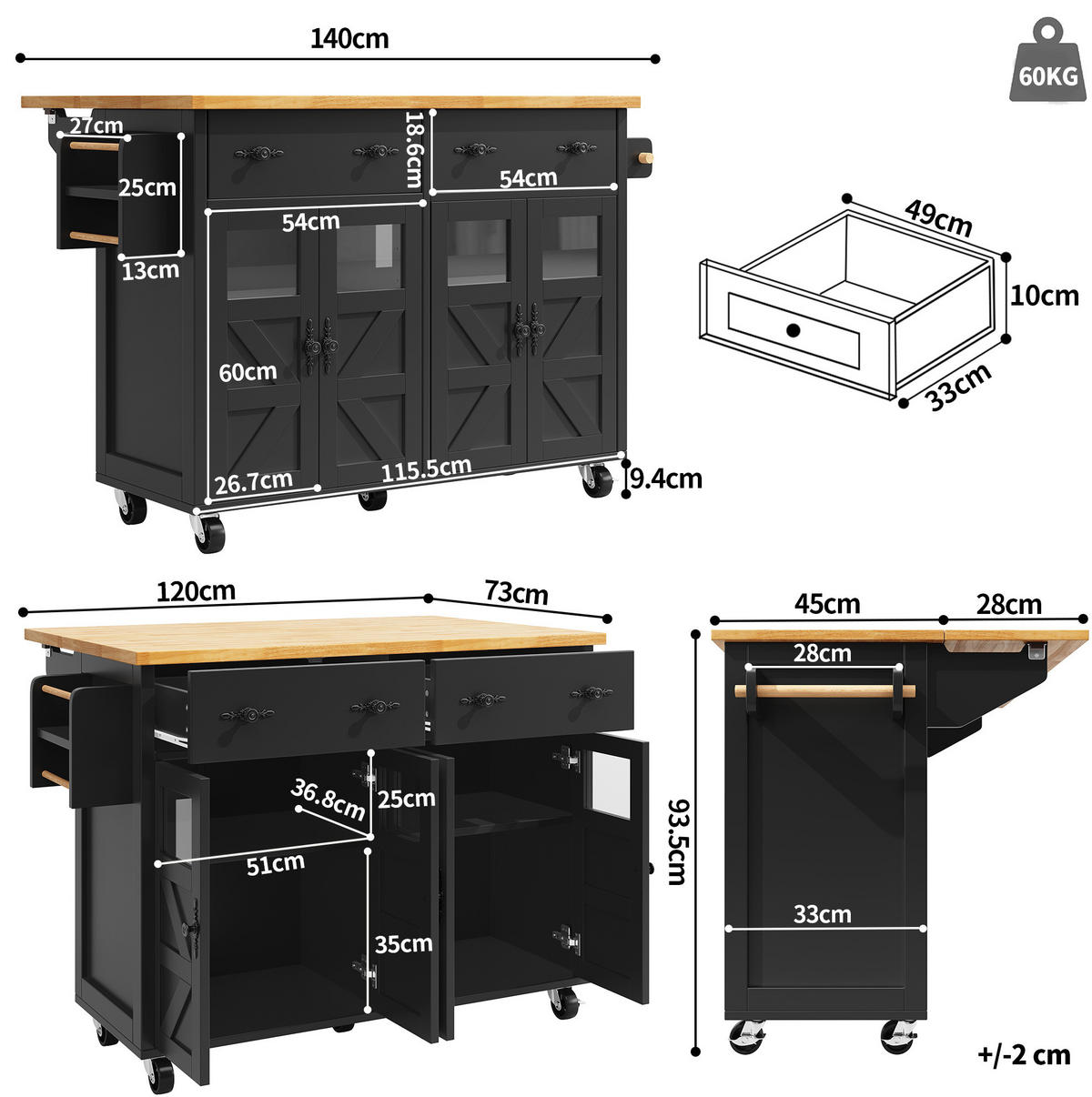 KÜCHENWAGEN aus MDF mit ausziehbarer Platte & Rollen, 140/45/73/93,5 cm, Schwarz - Schwarz, Holzwerkstoff (140/93.5/45cm) - Redom