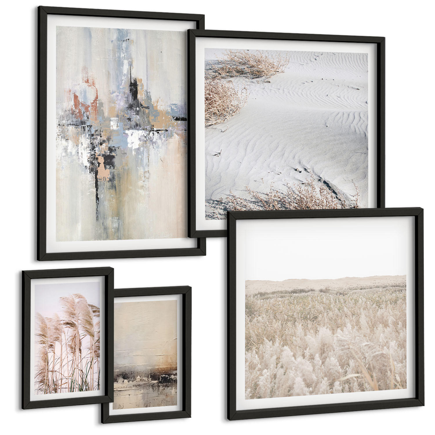 BILDER SET 5er Set - 50x50 cm & 20x30 cm & 40x60 cm Schwarzer Rahmen - Abstrakte Vegetationsmuster - Schwarz, Kunststoff (40/60cm) - TULUP