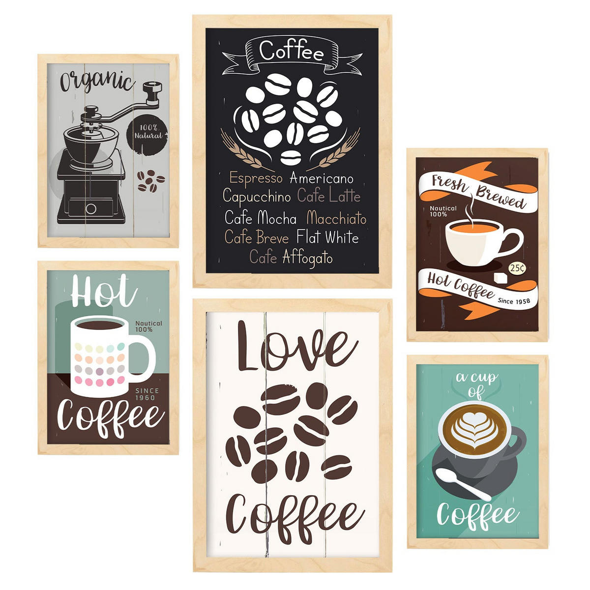 POSTER Set Mit 6 Kaffee Vollfarbige Illustrationen Von Kaffee & Getränken Im Werbetafel Illustrationen Für & Heim A3 & A4 Rahmen Aus Hellem Holz - Beige, Papier (29/3cm) - Nacnic