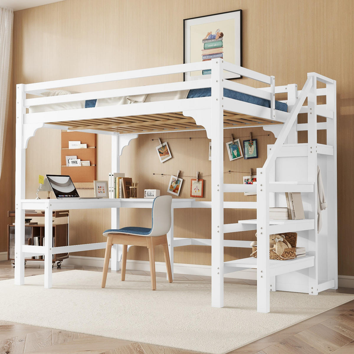 HOCHBETT mit Schreibtisch 140/200 cm in Weiß – mit Stauraumtreppe - Weiß, Holz (140/200cm) - BEAOK