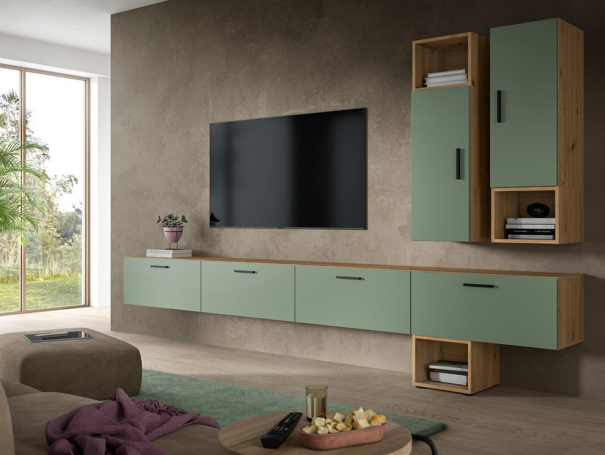 WOHNWAND grün, Eiche Artisan 300 cm, Wohnkombination hängend / stehend - Schwarz/Eiche Artisan, Holzwerkstoff/Kunststoff (300/178/34cm) - Inn.Furn