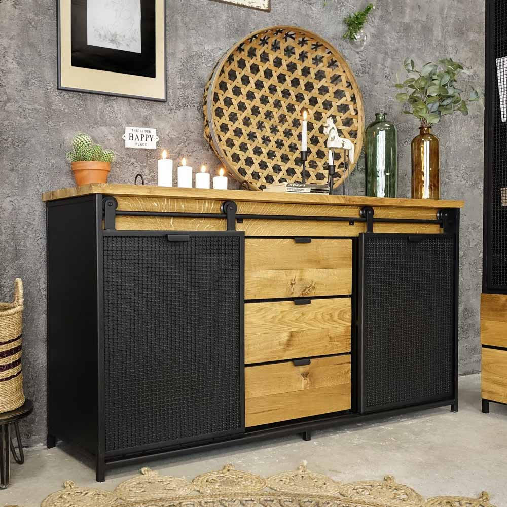 Thumbnail - Seart Kommode, Honigeiche, Schwarz, Holz, Echtholz,Eiche, 3 Schubladen, 150x90x45 cm, Wohnzimmer, Kommoden & Sideboards,...