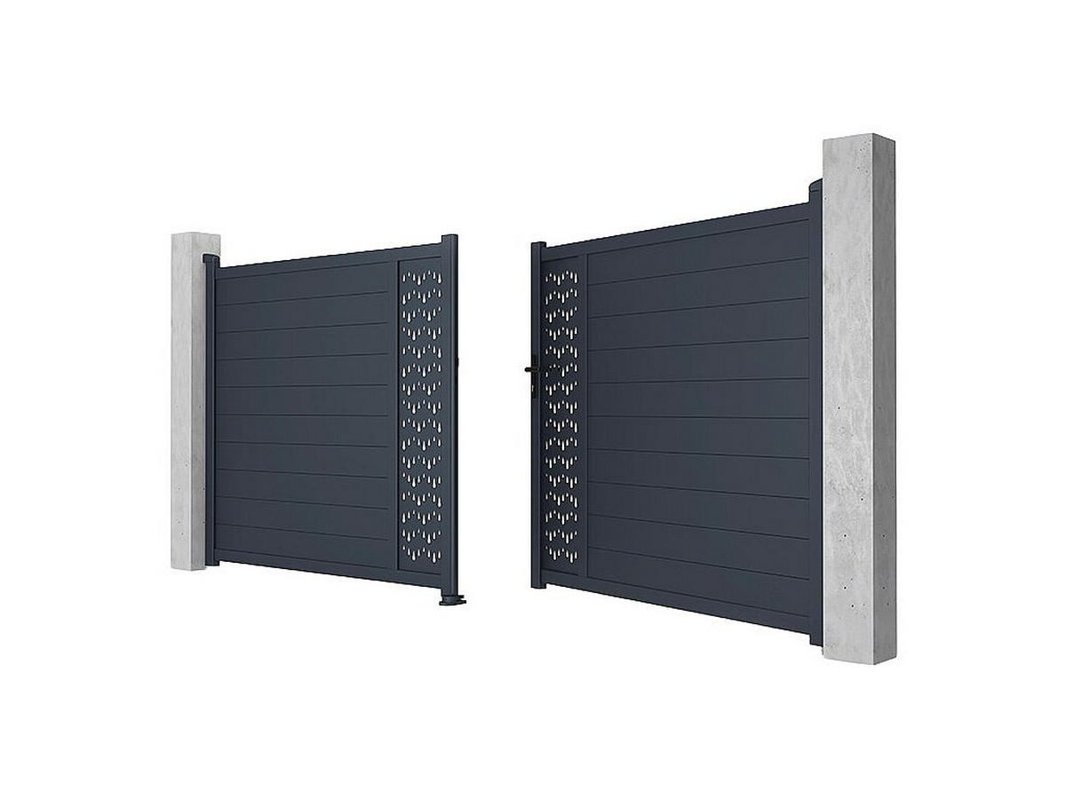 GARTENTOR Flügeltor mit Torantrieb - 305 x 181 cm - Aluminium - Halbvoll mit Muster - Anthrazit - GREGOR - Anthrazit, Metall (300/176cm) - Vente-Unique