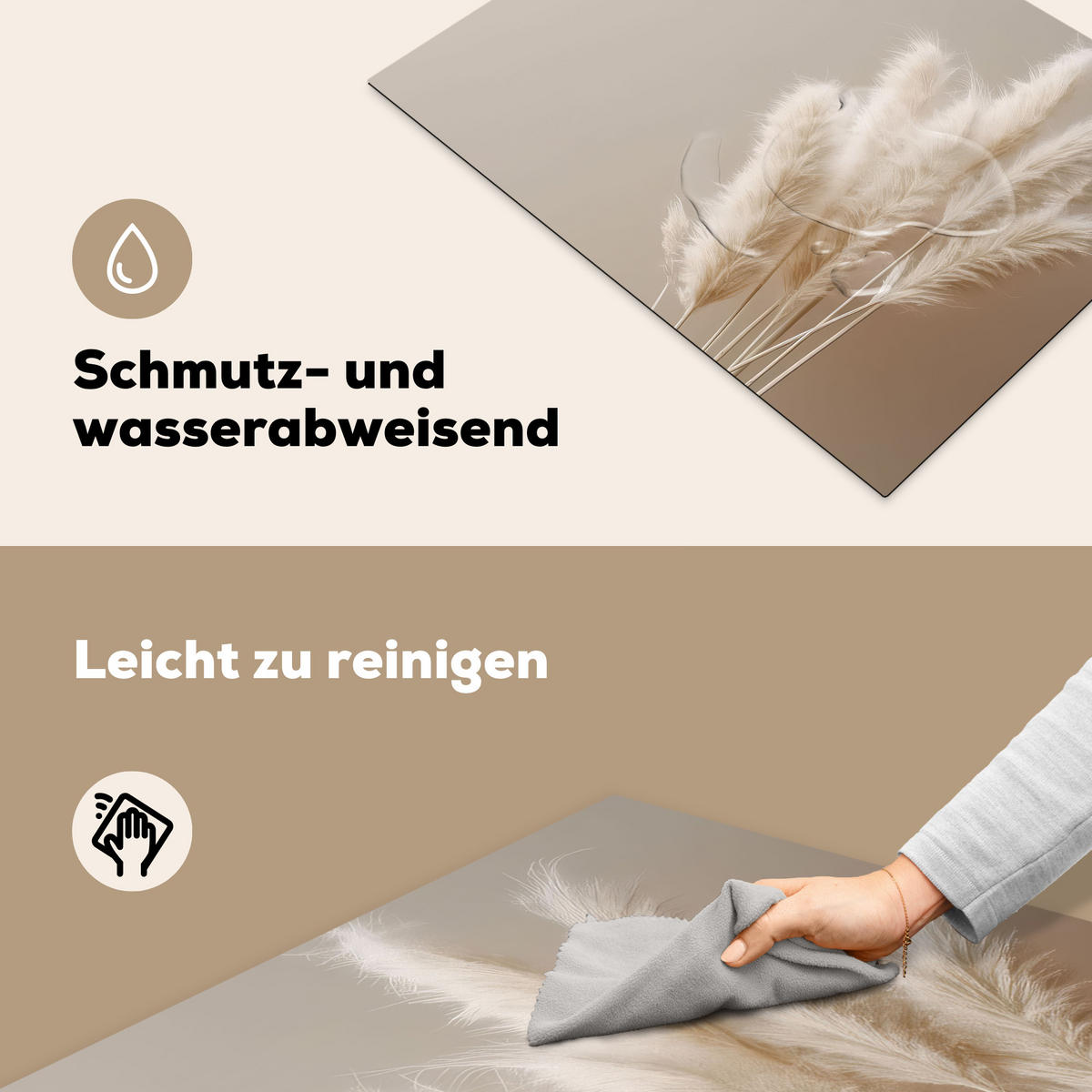 HERDABDECKPLATTE Pampasgras - Federn - Pastell - Weiß Induktionsmatte 71x52 cm - Creme, Kunststoff (71/52/0.2cm) - MuchoWow