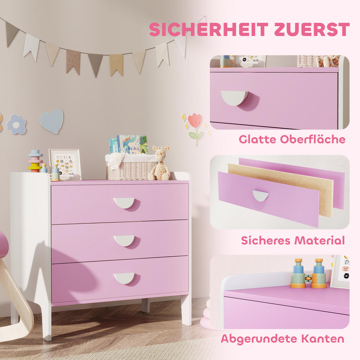 SPIELZEUGSCHRANK für Kinder, Kommode mit 3 Schubladen, Rosa+Weiß - Weiß/Rosa, Holzwerkstoff (40/60/60cm) - AIYAPLAY
