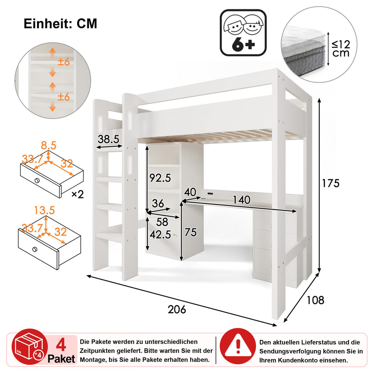 HOCHBETT 90/200 cm in Weiß mit Schreibtisch, Kleiderschrank, Aktenschrank und USB - Weiß, Holz/Holzwerkstoff (90/200cm) - CHICFURN
